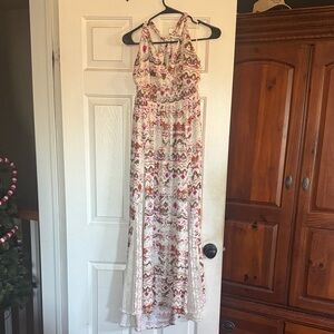 Shyanne Country Boho Maxi Dress in Cream with Pink Floral Print